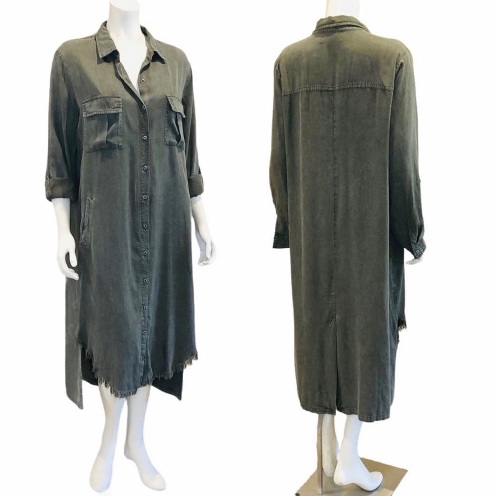 Billy T Leeway Faded Chambray Shirt Dress XS Army Olive Green Utility Boho MIDI - Picture 6 of 16